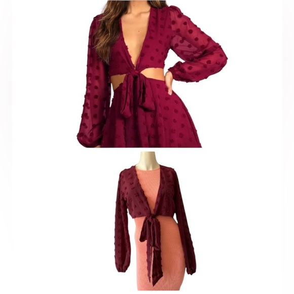 Lulu's Burgundy Tie-Front Cropped Blouse Clip Dot Long Sleeves Women’s size M - Picture 1 of 15